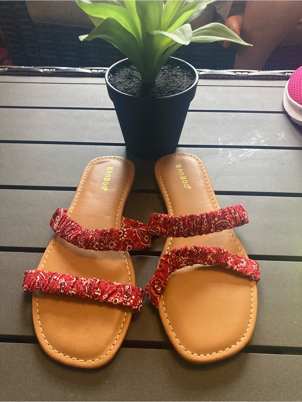 BAMBOO Red Bandana Double-Strap Slide Sandals